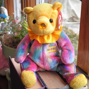 Vintage November Bear 2001 Beanie Babies - Happy Birthday Circus Clown Teddy Bear w/ Topaz Nose Plush Collectible TY Stuffed Bear / Toy Gift