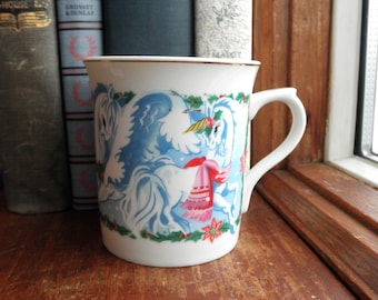 Vintage Unicorn & Pegasus Christmas Coffee Mug, 1980s Porcelain Tea Cup "The Joys of Christmas" 1982 Flying Horse + Unicorn Eco Holiday Gift