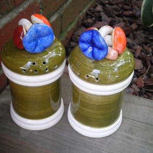 Vintage Mushroom Salt & Pepper Shaker Set - Retro Woodland 1970s Blue + Orange Toadstool Olive Green + White Shakers - 70s Kitchen Eco  Gift