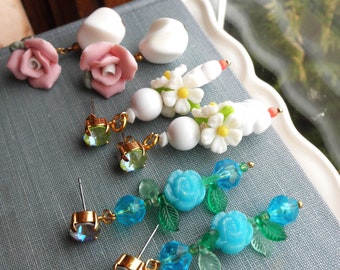 Flower Earrings Lot - Vintage Lucite Plastic & Porcelain Beads + Rhinestones Post Earrings - Beaded Floral Earrings Retro Jewelry Eco Gift