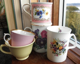 Vintage Flower Tea Cups / Coffee Mugs - Retro 1960s - 1980s Floral & Pastel Cup Lot - New House / Mothers Day Tea Party Cup Mix Eco Gift