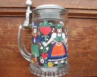 Vintage Folk Art Beer Stein - German Swiss Bavarian Country Boy + Girl Beer Mug - Retro Glass + Pewter Beer Stein Eco Gift - Mid Century Cup