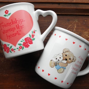 Vintage Teddy Bears Friendship Coffee Cups / Mugs - Retro 80s Collectible Ceramic Love Mugs Eco Gift - Hearts Flowers & Bears 1980s Mug Lot
