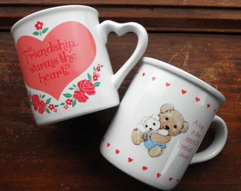 Vintage Teddy Bears Friendship Coffee Cups / Mugs - Retro 80s Collectible Ceramic Love Mugs Eco Gift - Hearts Flowers & Bears 1980s Mug Lot