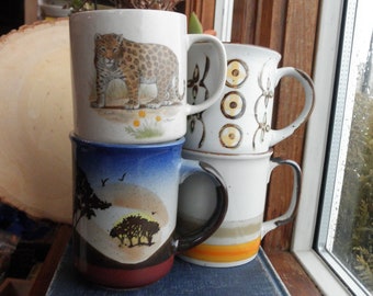 Vintage Stoneware Mug Lot - 4 Boho Tribal Earth Tone Coffee Cups / Mugs - Retro Boho Nature Eco Mugs - Collectible Stoneware Home Decor Gift