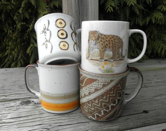 Vintage Ceramic Coffee Mugs - Retro Animal Print & Geometric Designs - 1970s Tea Cups