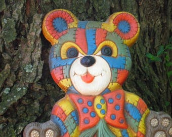 Vintage Patchwork Teddy Bear Wall Hanging – 1970s Kitsch Decor