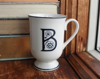 Vintage Letter B Mug - Blue Initial B Personalized Coffee Cup - Retro Mother's Day / Hostess/ Housewarming / Eco Gift Footed Porcelain Cup