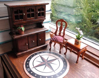 Vintage Miniature Dollhouse Furniture Set - Wood Hutch, Chair, Rug
