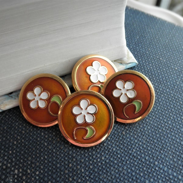 Vintage Enamel White Flower Buttons - 4 Floral Cloisonne Metal Shank Buttons - Retro Daisy Button - Sewing + Craft Supply Embellishment Lot