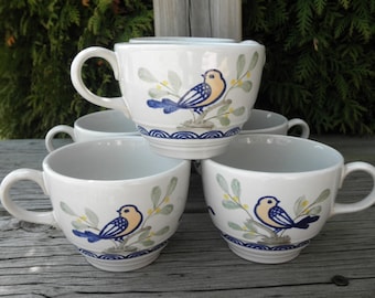 Vintage Franciscan Stoneware Bird Coffee Cups / Mugs - 6 Retro Love Birds & Leaves Boho Nature Mug Set - Collectible Kitchen Decor Eco Gift