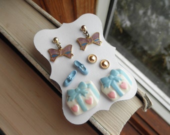Vintage 80s Stud Earrings Set – Enamel Bows, Ballet Slippers, Brass Dots