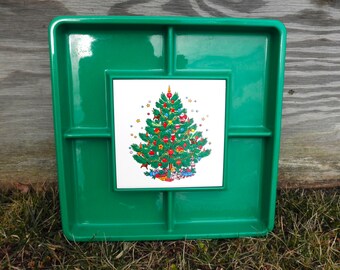 Vintage Christmas Serving Tray – Green Plastic Divided Dish with Tree Tile