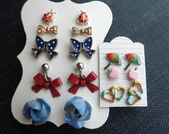 Vintage 80s Stud Earrings Set – Bows, Hearts, Flowers, Ladybugs