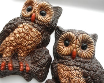 Vintage Owl Wall Hangings / Home Decor / living Room Art Set of 2 - Retro Mid-Century / 1970s Owls - Owl Lovers Eco Friendly New Home Gift