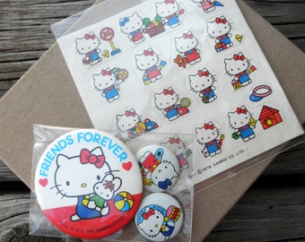 Vintage Hello Kitty Sanrio Stickers & Pins Lot - Hello Kitty 1976 Sticker Sheet and 1981 Lapel Pins - Retro Hello Kitty Collectible Eco Gift