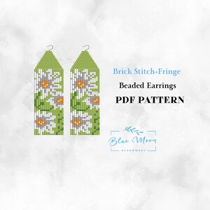 May include: Two beaded earrings with a daisy floral pattern. The earrings are rectangular with a green top and a white, gray, and orange daisy design. The text "Brick Stitch+Fringe Beaded Earrings PDF PATTERN" is also visible.
