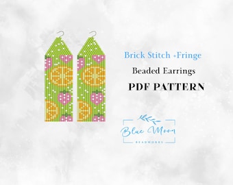 Strawberry Orange Brick Stitch Fringe Earring Pattern, Fruit Beaded Earrings PDF Pattern