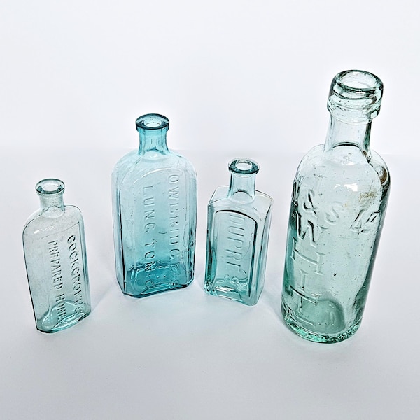 Edwardian Aqua Glass Bottles, Apothecary Bottles, Vintage Wedding Accessories, Sustainable Home Decor, Aged Glassware