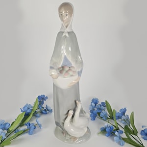 Vintage Spanish Porcelain &#39;Lady With Eggs&#39; Figurine, Lady with Geese Ornament,
