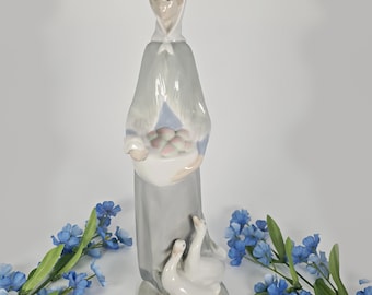 Vintage Spanish Porcelain Figurine, Lady with Geese, Farmhouse Decor