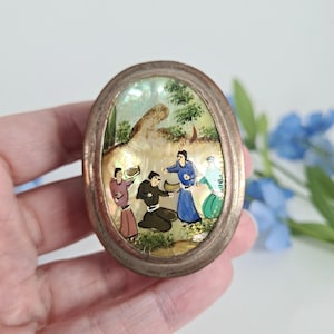 Vintage Hand Painted Persian Snuff Box / Pill Box / Trinket Box / Mother of Pearl Top