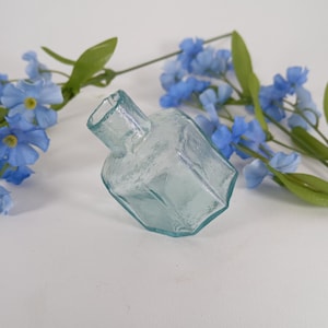 May include: A small, pale blue glass bottle with a textured surface. The bottle has a square shape with angled sides and a rectangular opening. Blue flowers and green leaves are in the background.