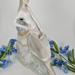 Vintage Lladro &#39;Girl Sitting On Rocks&#39; Figurine, Spanish Porcelain Ornament, Girl With Water Jug