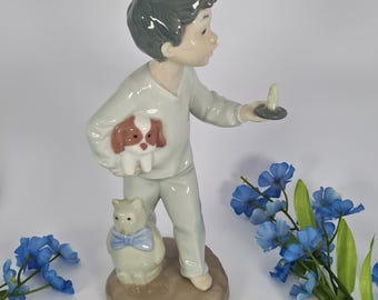 Vintage NAO Lladro Porcelain Figurine: Boy With Candle, Dog