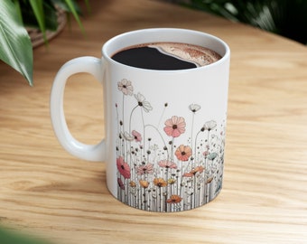 Floral, Minimalistic, Flower, wildflower, white Ceramic Mug, 11oz