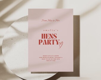 Retro Hens Party Invitation Template: Pink & Red Bachelorette Itinerary (PDF)