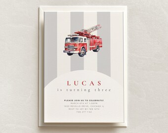 May include: Red and white fire truck birthday invitation with gray and white stripes in the background. The invitation says "Lucas is turning three" and includes details for the party, including the date, time, address, and RSVP information.