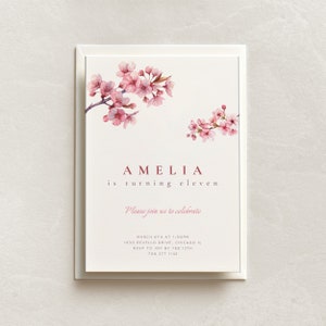 Modello di invito di compleanno modificabile con fiori di ciliegio Invito di compleanno semplice Boho Tema della festa con fiori di ciliegio Modello di invito Canva