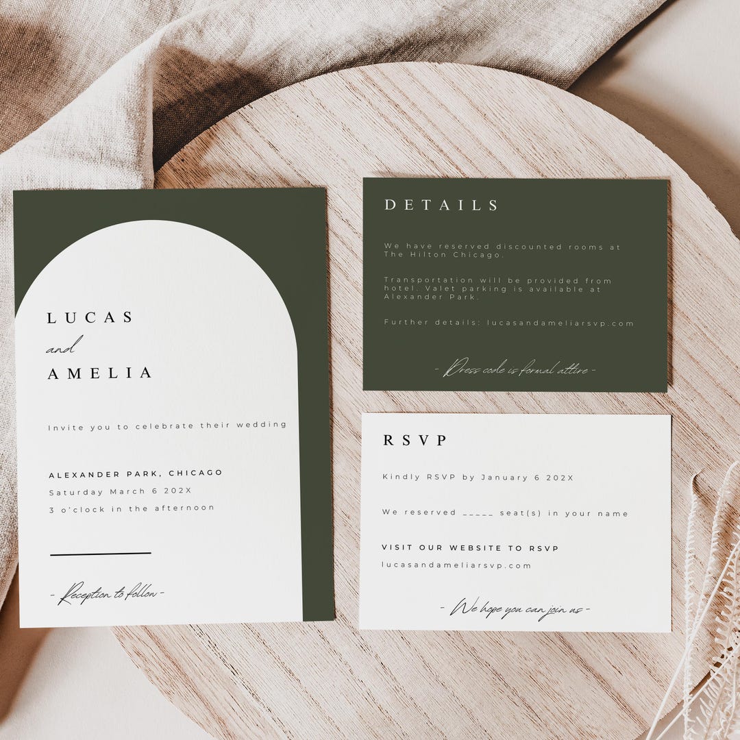 Sage Green Wedding Invitation Set: Minimalist Modern Template - Etsy