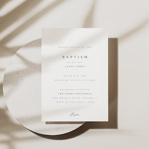 May include: A white baptism invitation with black text. The invitation reads "Please join us for the Baptism of our son Lucas Jones. March 6 at 1pm Alexander Church, Chicago. Reception to follow THE JONES RESIDENCE 1630 Revello Drive, Chicago IL RSVP by February 1, 202X"