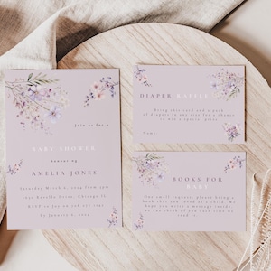 Szablon zaproszenia na baby shower Proste zaproszenie na baby shower Fioletowe kwiaty Vintage zaproszenie na baby shower Losowanie pieluch Lawendowe zaproszenie