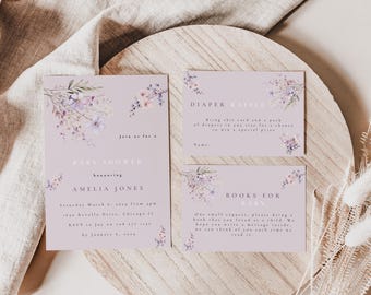 May include: Purple floral baby shower invitation cards with the text "Join us for a Baby Shower honoring Amelia Jones" and "Diaper Raffle" and "Books for Baby".