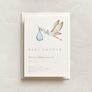 Bearbeitbare Babyparty druckbare Einladungsvorlage Stork Baby in der Decke Boho Baby Boy Shower Mom To Be Baby In Bloom Hallo Baby einladen