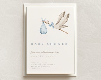 Editable Baby Shower Printable Invitation Template Stork Baby In Blanket Boho Baby Boy Shower Mom To Be Baby In Bloom Hello Baby Invite