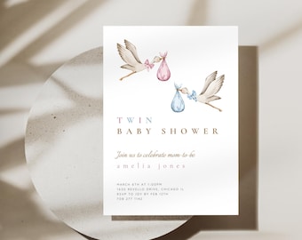 Boho Twins Baby Shower Invitation Template Printable Template Baby Shower Modern Twins Invite Stork Carrying Two Babies Pink and Blue Shower