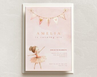 Modello di invito di compleanno per balletto: ballerina in tutù rosa (Canva, download immediato)