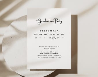 May include: A white graduation party invitation with black text. The invitation includes the date, time, and location of the party. It also includes the name of the graduate, Amelia Jones.