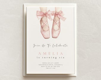 Modello di invito di compleanno per balletto: festa con ballerina in tutù rosa (Canva modificabile, download digitale)