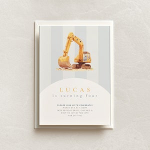 Plantilla de invitación de cumpleaños de construcción de excavadora editable Tema de fiesta infantil de construcción de excavadora de tractor Invitación de tractor para niños pequeños