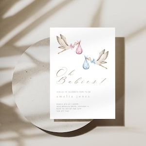 Boho Zwillinge Baby Shower Einladung Vorlage Druckbare Vorlage Baby Shower Moderne Zwillinge einladen Storch mit zwei Babys Rosa und Blau-Dusche