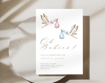 Boho Twins Baby Shower Invitation Template Printable Template Baby Shower Modern Twins Invite Stork Carrying Two Babies Pink and Blue Shower