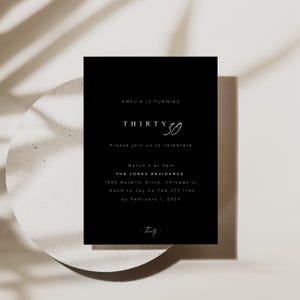 May include: Black and white invitation card with the text "Amelia is turning Thirty 30" and details for a birthday party. The party is on March 6th at 5pm at The Jones Residence, 1630 Revello Drive, Chicago IL. RSVP to Joy on 708 277 1142 by February 1, 2024.
