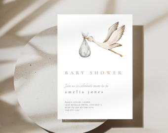 Boho Baby Shower Invitation Template Printable Template Baby Shower Modern Gender Neutral Baby Shower Invite Stork Carrying Baby Invite