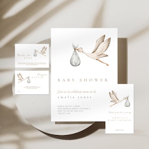Modèle d'Invitation Bundle imprimable neutre entre les sexes pour baby shower, carte de remerciement tombola de couches-culottes, jeux de baby shower