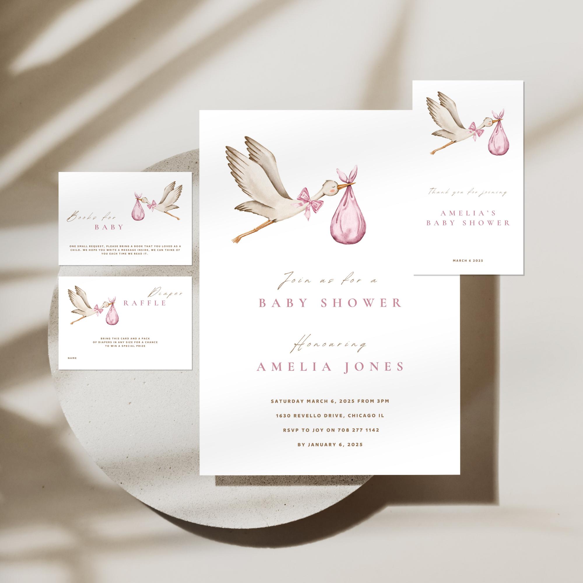 Baby Shower Printable Bundle Invitation Template Thank You Tag Diaper Raffle Baby Shower Games Minimalist Boho Baby Shower Girl Stork Invite